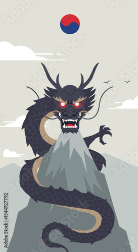 The dragon’s fiery eyes and detailed scales stand out against the grey mountains and soft clouds, creating an imposing and mystical image of strength and dominance.