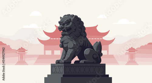 A stylized lion sculpture representing power and strength. The lion features intricate details in its mane and fierce expression.