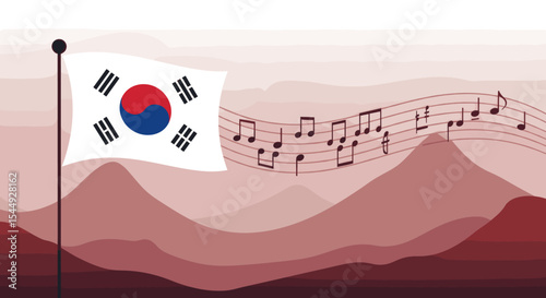 The flag symbolizes national pride, while the modern city represents South Korea’s urban development.