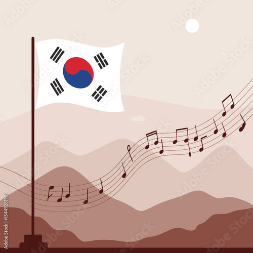 The colors of the flag stand out against the abstract, flowing lines, creating an artistic representation of South Korea’s vibrant culture.
