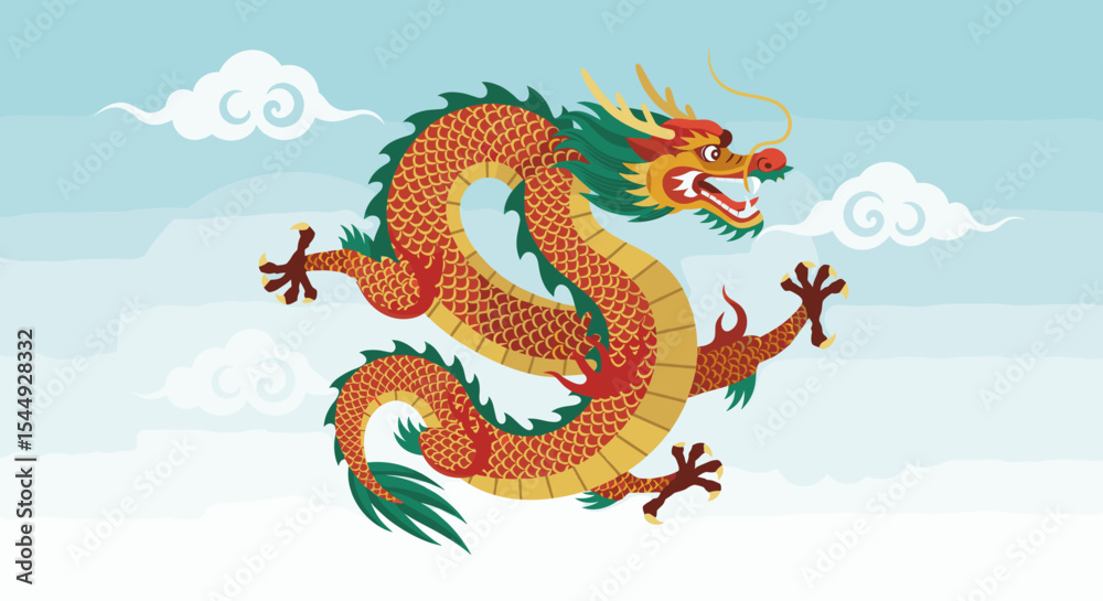 Obraz premium A traditional Asian dragon artwork featuring a fierce, coiled dragon with a golden and black color scheme. Flames and clouds surround the dragon, enhancing its mythical aura.