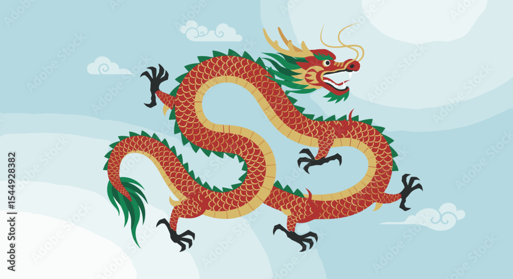 Fototapeta premium A traditional Asian dragon artwork featuring a fierce, coiled dragon with a golden and black color scheme. Flames and clouds surround the dragon, enhancing its mythical aura.