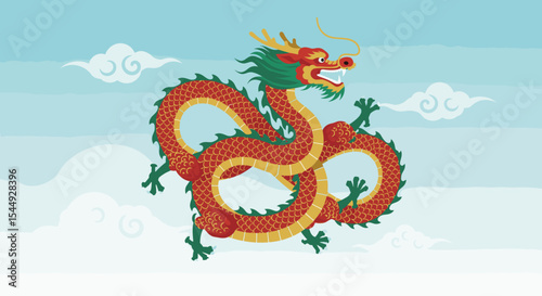 A traditional Asian dragon artwork featuring a fierce, coiled dragon with a golden and black color scheme. Flames and clouds surround the dragon, enhancing its mythical aura.