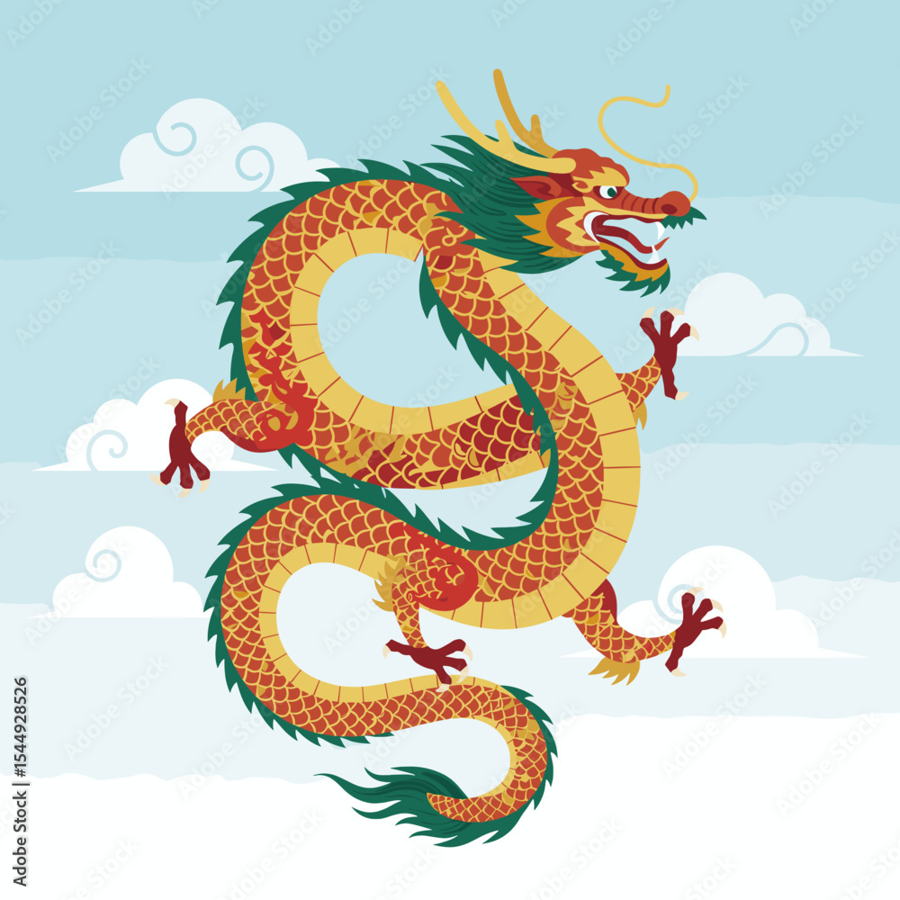 Fototapeta premium A traditional Asian dragon artwork featuring a fierce, coiled dragon with a golden and black color scheme. Flames and clouds surround the dragon, enhancing its mythical aura.
