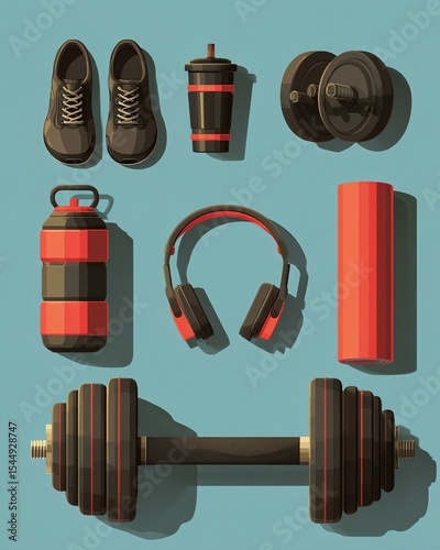 Flat sport equipment and accessories vector set – fitness gear Fitness gear and accessories for an active lifestyle.