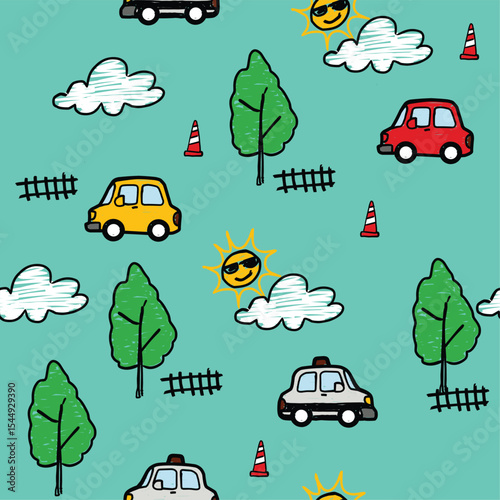 Little car with sunrise doodle vector
