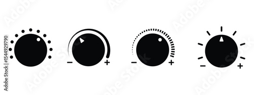 Volume control knobs icons set. black round turning switches, knob switches high to low volume speed controller set in black and white color. vector illustration.
