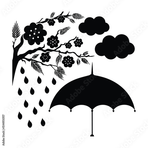 This image shows an umbrella underneath a tree with flowers and clouds, with raindrops falling, conveying a scene of shelter during rainfall within a natural, slightly whimsical setting.
