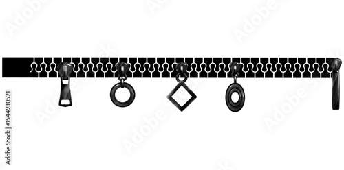 Realistic Black Zipper Isolated On White Background, Zip With Pullers Vector Illustration.	