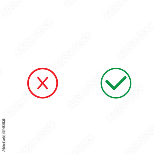 "Verification Icons Set: Green Tick and Red Cancel Symbols. Approval and Rejection Indicators in Vector Format."