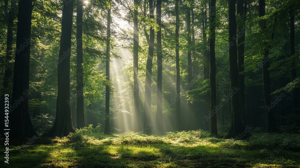 Obraz premium In Osnabruck, Germany, there exists a vibrant, green forest covered in fog and pierced by rays of sunshine