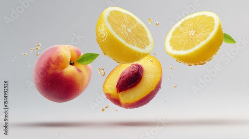 Close up of a peach and a lemon with the peel of the lemon still attached. Concept of freshness and vitality, as the fruit is in its natural state and ready to be consumed