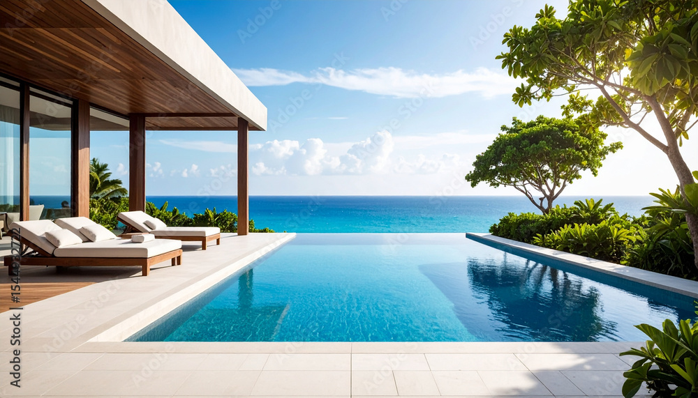 Fototapeta premium Poolside background overlooking the ocean in summer