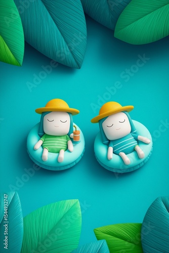 Two adorable animated characters lounge on turquoise floaties, wearing straw hats. The scene features lush green leaves, creating a cheerful and relaxing summer vibe.