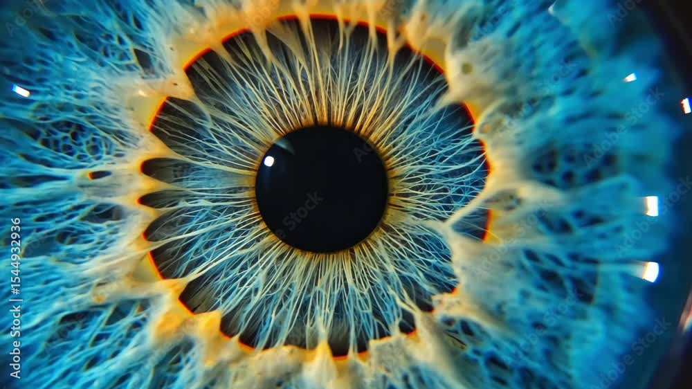 Stunning close-up of vibrant blue eye with intricate yellow and white details in iris, showcasing complexity and beauty of human vision. Perfect for themes of focus, clarity, and insight.