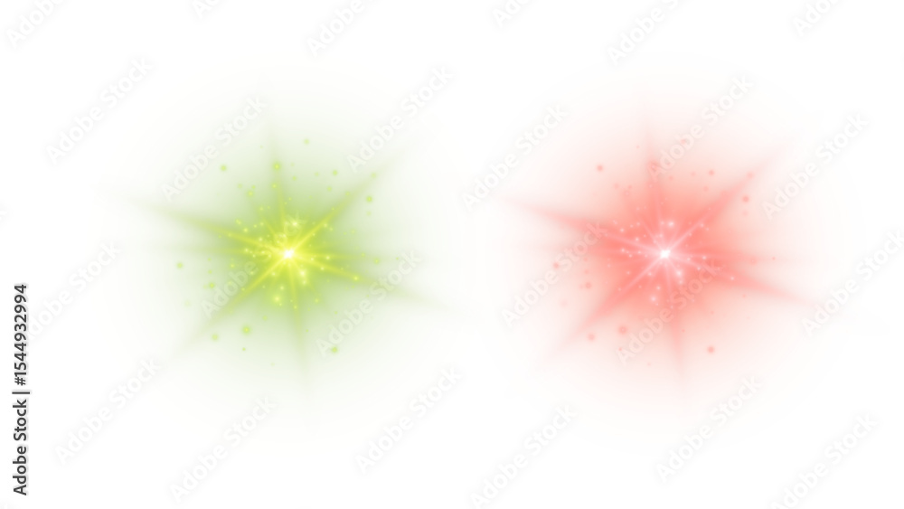 Fototapeta premium Dazzling Green and Red Starbursts with Twinkling Sparks, Creating a Festive and Energetic Light Effect on a Transparent Background