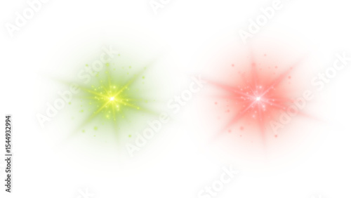 Dazzling Green and Red Starbursts with Twinkling Sparks, Creating a Festive and Energetic Light Effect on a Transparent Background

