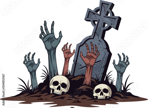 Spooky Halloween Graveyard with Zombie Hands Rising from Grave Illustration.