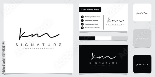 KM Initial handwriting logo vector template with business card