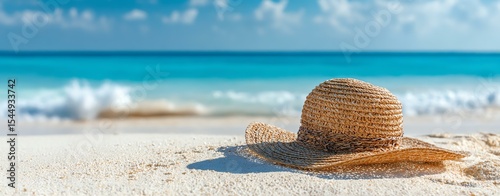 Summer holiday and vacation background with straw hat Straw hat rests on a serene beach shore.