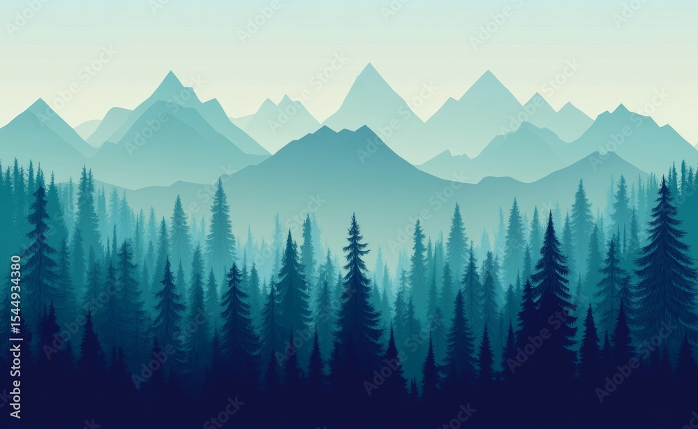 Fototapeta premium The colorful view of a natural forest jungle at sunrise and sunset is depicted in a modern style illustration as a landscape wallpaper background with trees on the horizon
