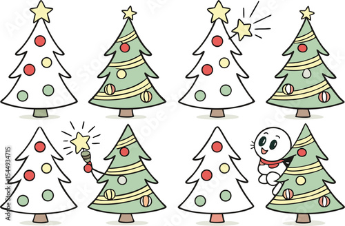 Animated Christmas tree design collection with festive holiday elements.Glowing animated Christmas tree set with colorful lights and decorations. Christmas tree animation style collection featuring