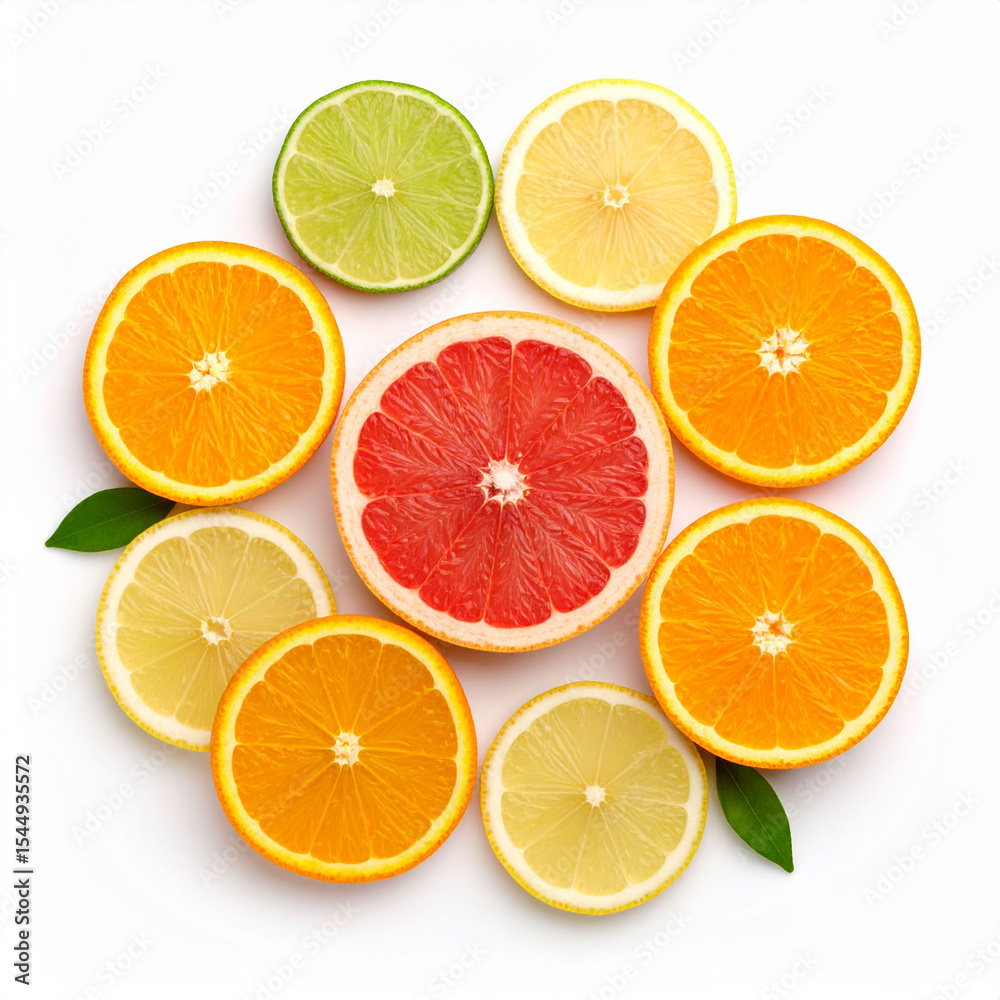 Fototapeta premium the image shows an arrangement of sliced citrus fruits on a white background