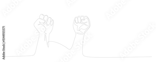 fist upwards one continuous line art. outline border frame, Continuous line hand clenched fist.one line drawing of hand clenched fist upwards, Fist upwards one continuous line art. outline border.