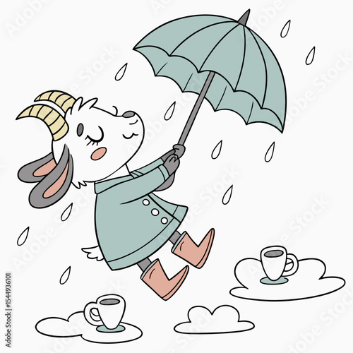 Dreamy Goat with on a cloud swing, set in a charming Rainy day theme – Raindrop Calm color vector art