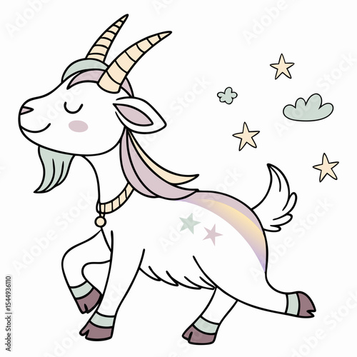 Gentle expression on a Goat in a Unicorn Dreams theme, with wrapped in fairy lights – Unicorn Dreams vector art