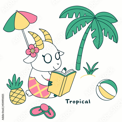 A Shy Goat with reading a book in a Tropical theme – Tropical Vibes palette SVG illustration