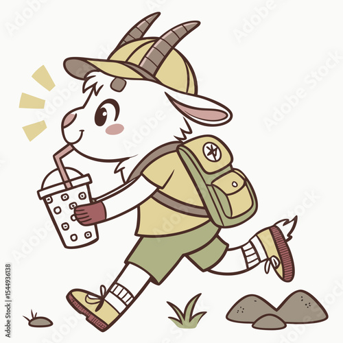 Vector illustration of a Playful Goat with with a bubble tea, styled in a Forest adventure theme using Evergreen Trails colors