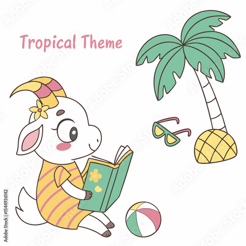 A Shy Goat with reading a book in a Tropical theme – Tropical Vibes palette SVG illustration