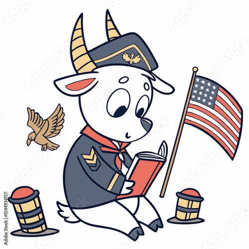 A Bashful Goat with reading a book in a Veterans Day theme – Brave Honor palette SVG illustration