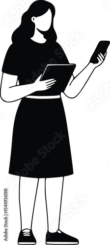 Minimalist black and white line drawing of a casually dressed person using a tablet and smartphone