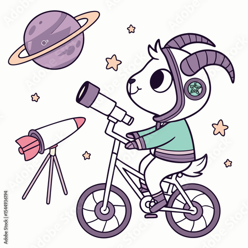 Content Goat with riding a bicycle, set in a charming Galaxy Dreams theme – Starlight Mix color vector art