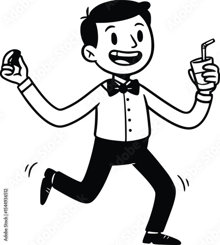Black and white line drawing of a joyful man skipping in motion while holding a drink and smiling