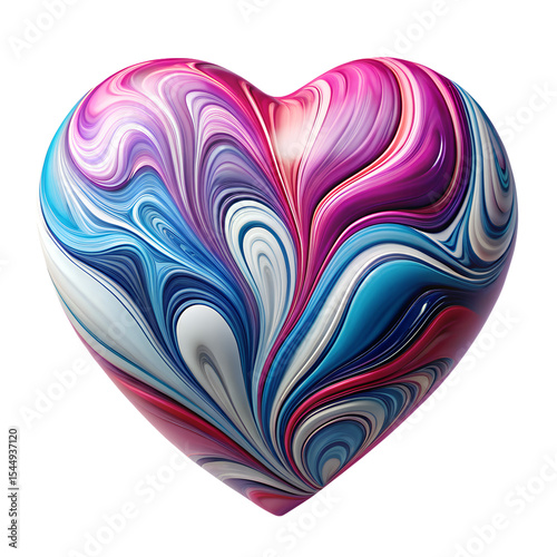 Colorful heart shape with swirling patterns in shades of blue, yellow, pink, and white, macro, close-up, isolated on white or transparent background, cutout, clipart, png.