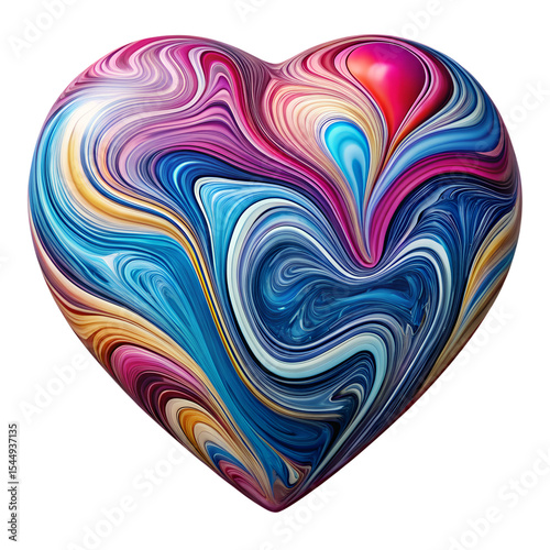 Colorful heart shape with swirling patterns in shades of blue, yellow, pink, and white, macro, close-up, isolated on white or transparent background, cutout, clipart, png.