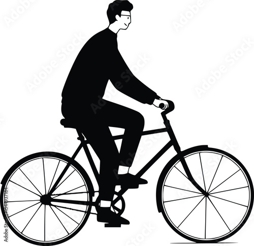 Minimalist black and white line drawing of a person actively riding a bicycle in motion



