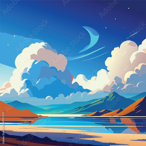 Celestial Serenity: A stylized landscape painting showcases a serene vista, where a crescent moon and stars adorn a vibrant blue sky, hovering above tranquil waters reflecting the mountainous horizon.