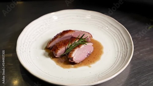 A close-up scene focusing on the chef's hands as he arranges golden-cooked meat slices on an elegant white ceramic serving plate. A small amount of green garnish (for example, rosemary or parsley) is 