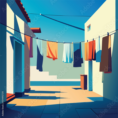 Laundry Day in the Sun: A vivid illustration captures a tranquil scene, showcasing sun-drenched laundry hanging on a clothesline in a cozy courtyard.