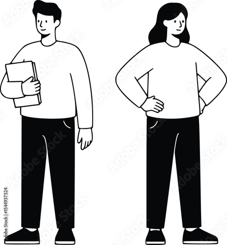 Black and white line drawing of two casually dressed individuals standing side by side with confident postures

