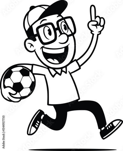 Black and white line drawing of an excited boy wearing cap and glasses, holding soccer ball and pointing with a smile

