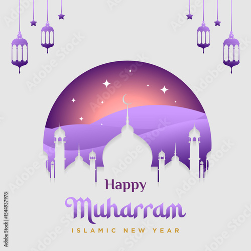 Happy Muharram Islamic Greeting Card Design with Decorative Islamic Background