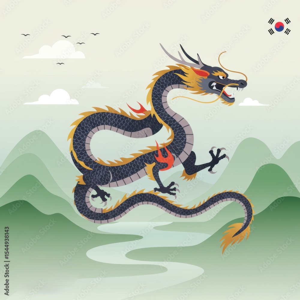 Fototapeta premium A traditional Asian dragon artwork featuring a fierce, coiled dragon with a golden and black color scheme.