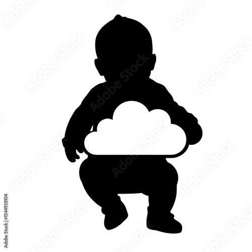 Silhouette of baby with cloud-shaped bib on white background, comfort simplicity