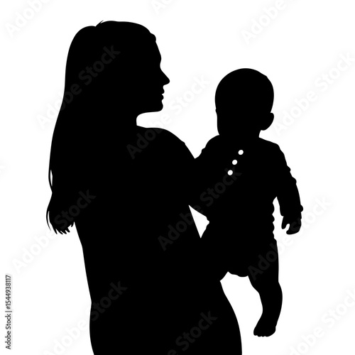 Silhouette of parent holding baby on white background, family bonding and care