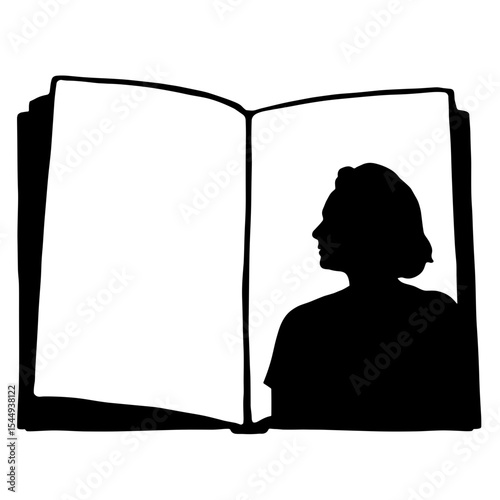 Silhouette of person on open journal page, personal reflection concept